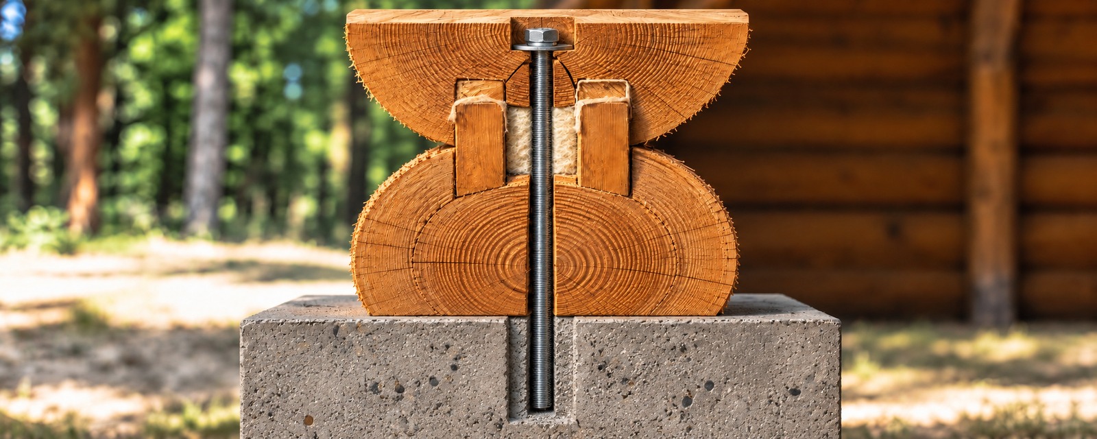 Steel tie-rod anchoring stacked logs